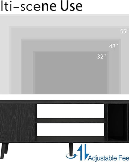 Yusong TV Stand for 55/65 inch TV, Mid Century Modern TV Console Table, Media Entertainment Center with Storage for Living Room Bedroom, Wood TV Cabinet, Oak Black - LeafyLoom