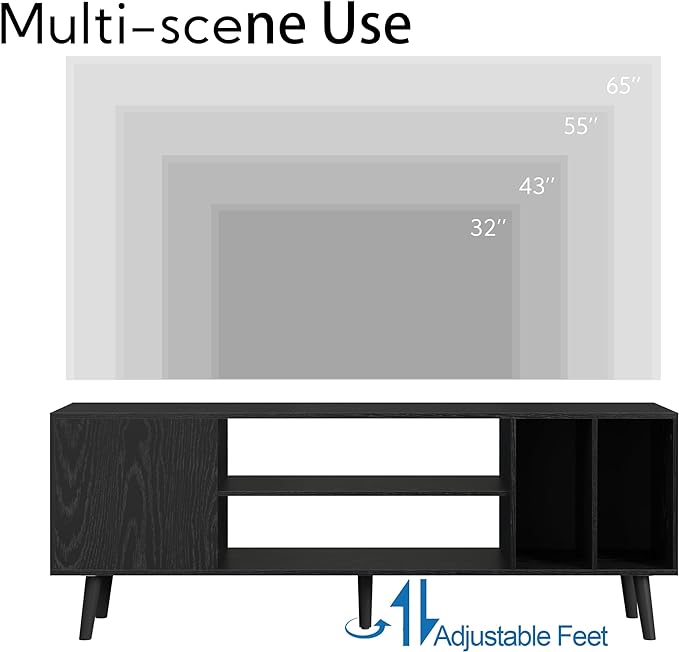 Yusong TV Stand for 55/65 inch TV, Mid Century Modern TV Console Table, Media Entertainment Center with Storage for Living Room Bedroom, Wood TV Cabinet, Oak Black - LeafyLoom