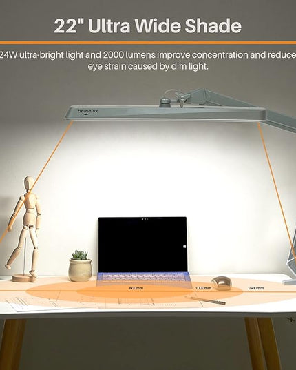 LED Architect Desk Lamp with Clamp, Metal Swing Arm 2000 Lumens Dimming Office Table Lamp for Task Work Drafting Reading Desktop, 234PCS Bright LEDs, 24W, 5 Color Temperatures Workbench Lamp - LeafyLoom