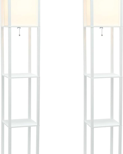 Simple Designs LF1014-WHT Etagere Organizer Storage Shelf Linen Shade Floor Lamp, White - LeafyLoom