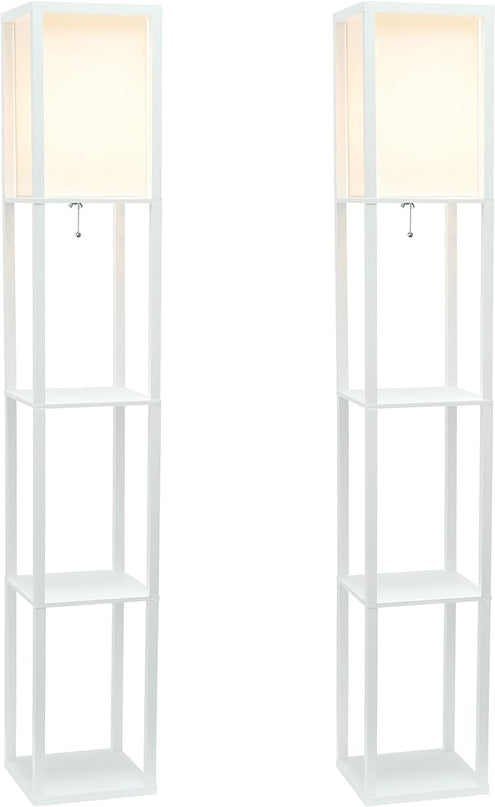 Simple Designs LF1014-WHT Etagere Organizer Storage Shelf Linen Shade Floor Lamp, White - LeafyLoom