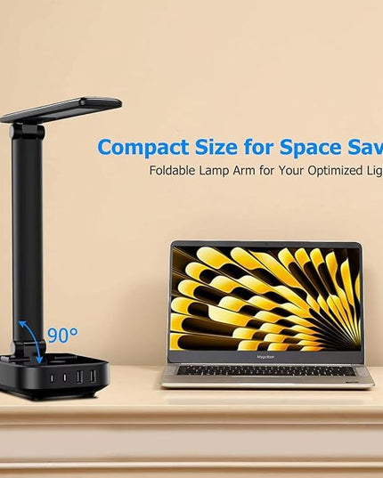 LED Desk Lamp with 4 USB Charging Ports and 2 AC Outlets,5ft Extension Cord Power Strip Station, 3 Level Brightness, Touch Dimmer Control, Office Table Eye Care Lamp bedroom hotel - LeafyLoom