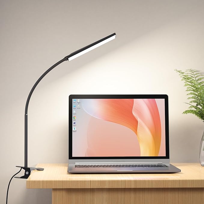 RAOYI LED Desk Lamp, 5W USB Clip on Light Eye-Caring Reading Clamp Table Lamp with 48 LEDs Flexible Gooseneck, 3 Color Modes and 14 Brightness Levels for Office Bedroom Study (Black) - LeafyLoom