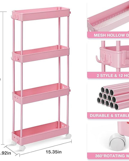 TOOLF Slim Rolling Storage Cart, 4 Tier Utility Cart on Wheels, Mobile Shelving Unit with Hooks for Narrow Space, Rolling Organizer for Bathroom Laundry Kitchen Dorm for Craft Makeup Diaper, Pink - LeafyLoom