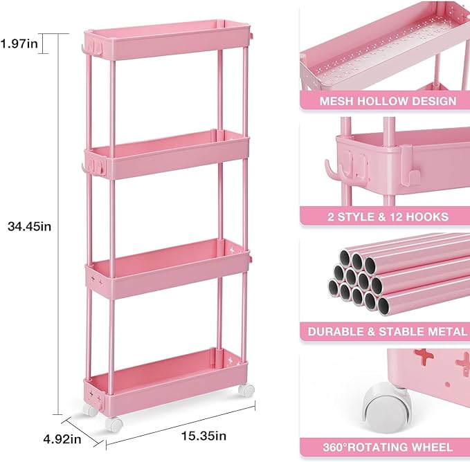 TOOLF Slim Rolling Storage Cart, 4 Tier Utility Cart on Wheels, Mobile Shelving Unit with Hooks for Narrow Space, Rolling Organizer for Bathroom Laundry Kitchen Dorm for Craft Makeup Diaper, Pink - LeafyLoom