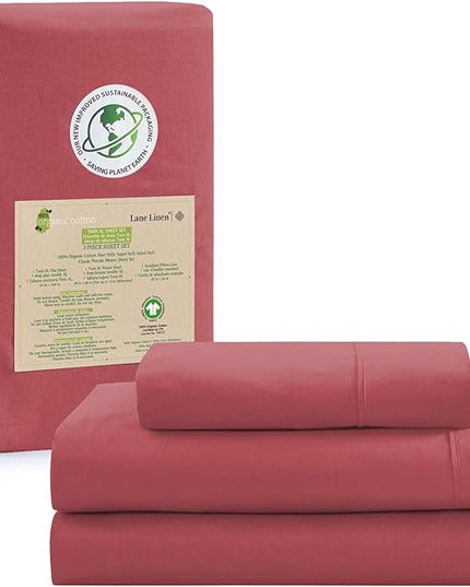 LANE LINEN 100% Organic Cotton Twin Bed Sheet Set, 3 Pc Twin Size Sheets Set, Soft & Breathable Twin Sheet Set Boys, Hotel Style Bedding Sheets & Pillowcases, 15" Deep Twin Fitted Sheet - Mineral Red - LeafyLoom