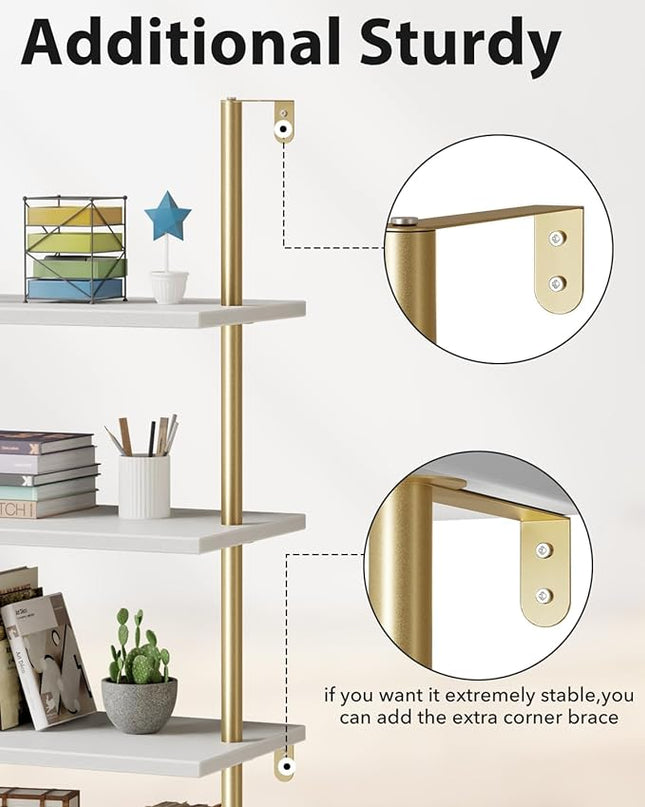 Ladder Shelf Bookcase 5 Tier, Extra Sturdy Modern Bookshelf Wall Mounted, Tall Standing Open Shelf White and Gold, Industrial Metal Frame with Wooden Shelf - LeafyLoom
