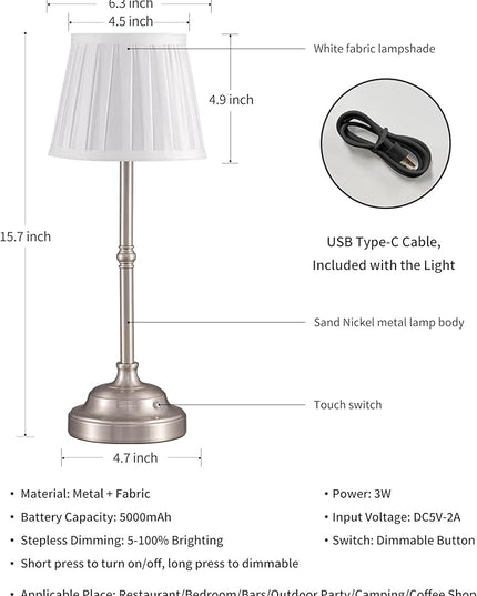 KDG Cordless LED Table Lamp Set of 2, Portables Fabric Shade Desk Lamps, 5000mAh Rechargeable Battery Powered Lighting, Dimmable Light for Dining Room, Bedroom, Bedside, Night Light, Balcony (Beige) - LeafyLoom
