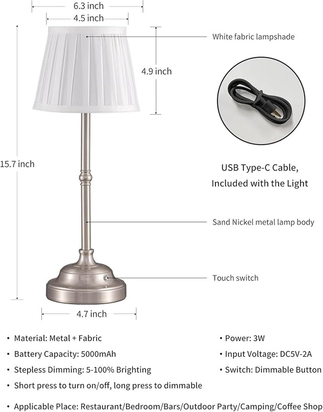 KDG Cordless LED Table Lamp Set of 2, Portables Fabric Shade Desk Lamps, 5000mAh Rechargeable Battery Powered Lighting, Dimmable Light for Dining Room, Bedroom, Bedside, Night Light, Balcony (Beige) - LeafyLoom