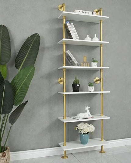 Industrial Gold Bookshelf-6 Tier Wall Mounted Ladder Bookshelf, Rustic Gold Storage Book Shelves Display Bookcases for Living Room/Home/Office - LeafyLoom