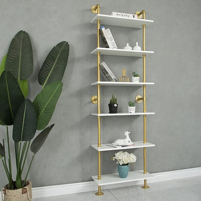 Industrial Gold Bookshelf-6 Tier Wall Mounted Ladder Bookshelf, Rustic Gold Storage Book Shelves Display Bookcases for Living Room/Home/Office - LeafyLoom