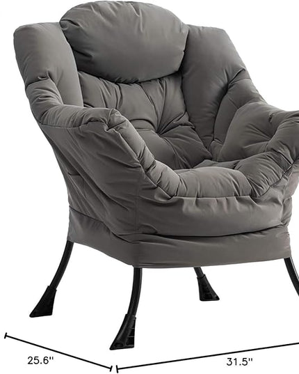 AcozyHom Modern Fabric Large Lazy Chair, Accent Oversized Comfy Reading Chair, Thick Padded Cozy Lounge Chair with Armrest, Steel Frame Leisure Sofa Chair for Living Room, Bedroom, Dorm, Grey - LeafyLoom