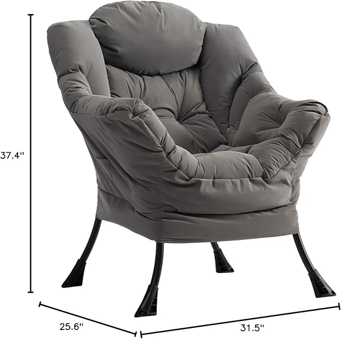 AcozyHom Modern Fabric Large Lazy Chair, Accent Oversized Comfy Reading Chair, Thick Padded Cozy Lounge Chair with Armrest, Steel Frame Leisure Sofa Chair for Living Room, Bedroom, Dorm, Grey - LeafyLoom
