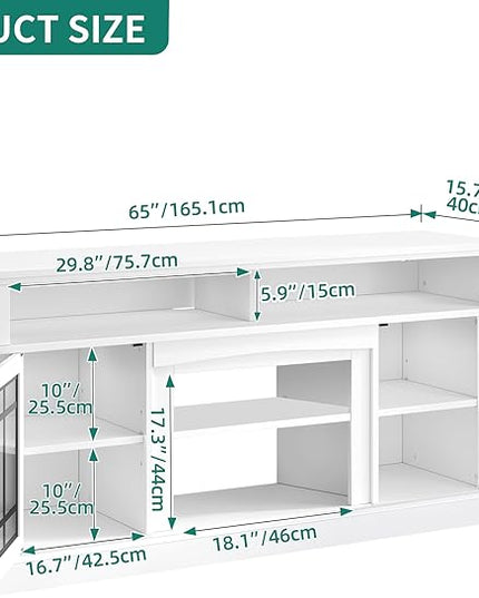 YITAHOME White TV Stand for 75/65 Inch TVs, 32'' Tall Mid Century Modern TV Cabinet with Adjustable Shelves and Glass Doors, Modern Entertainment Center TV Media Console Table for Living Room - LeafyLoom