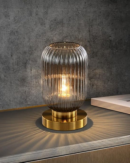 Bedside Table Lamp Mid Century Glass Table Lamps Modern Globe Table lamp Gold Desk lamp nightstand lamp with Pumpkin Design with Ribbed Glass Shade for Bedroom Living Room Office (Smoke gray) - LeafyLoom