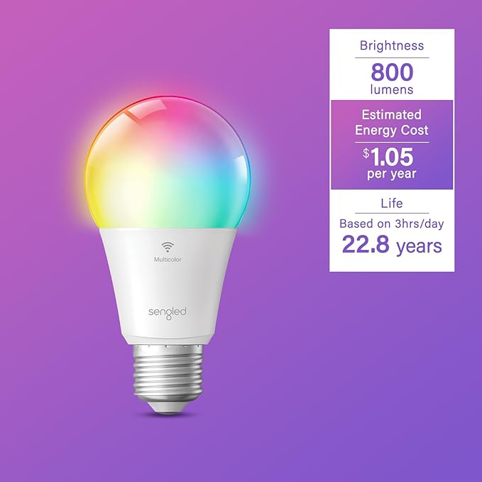 Sengled WiFi Color Changing Light Bulb, Alexa Smart Light Bulbs that Work with Alexa & Google Assistant, A19 RGB No Hub Required, 75 W Equivalent 800LM CRI>90, Set of 4 Sengled