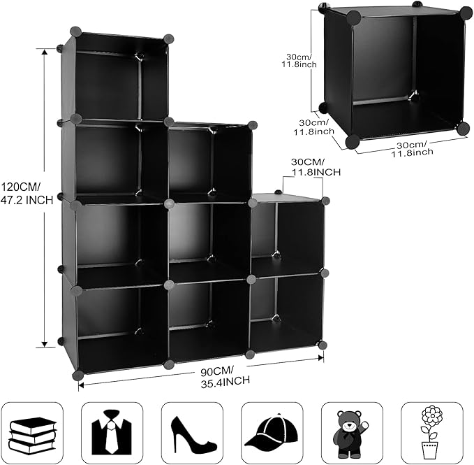 TUMUCUTE Cube Storage Organizer, 9-Cube DIY Plastic Closet Cabinet Modular Bookcase, Storage Shelves for Bedroom Living Room, Office, Black - LeafyLoom
