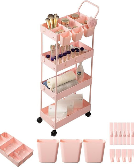 danpinera Slim Storage Cart, 4 Tier Bathroom Cart Organizer Narrow Laundry Cart with Wheels Dividers Hanging Cups Hooks Handle Makeup Lash Cart Shelf Organizer Rack Unit Easy Assembly, Pink - LeafyLoom