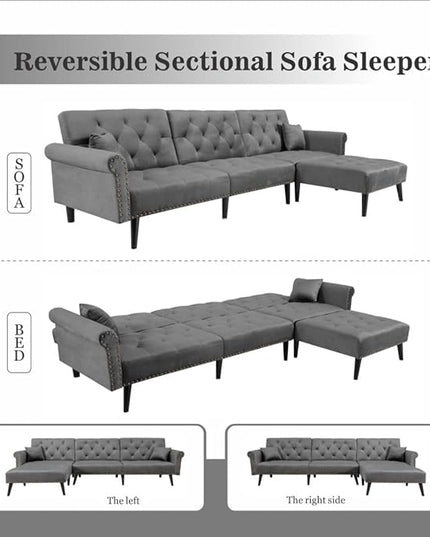 114" Convertible Sectional Sleeper Sofa with Chaise, Adjustable Armrest and Backrest,Upholstered L-Shaped Modular Sofá Bed Corner Couches for Living Room Set, 3 seat, A-DARK GREY - LeafyLoom