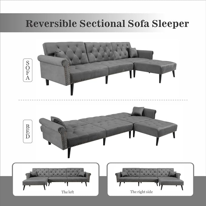 114" Convertible Sectional Sleeper Sofa with Chaise, Adjustable Armrest and Backrest,Upholstered L-Shaped Modular Sofá Bed Corner Couches for Living Room Set, 3 seat, A-DARK GREY - LeafyLoom