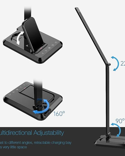 Fugetek LED Desk Office Lamp with Wireless Charger & USB Charging Port, Touch Control, 5 Lighting Modes, 30/60 Min Auto Timer, Eye-Caring, Dimmer, Black - LeafyLoom