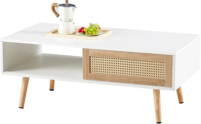 41.34" Mid Century Modern Coffee Table with Storage, Rectangle Wooden Accent Center Sofa Table with Sliding PE Rattan Woven Door Panel and Solid Wood Legs, Suitable for Living Room, Apartment - LeafyLoom