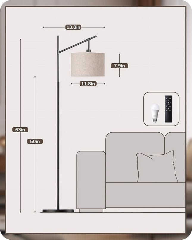 EDISHINE Modern Dimmable Floor Lamp, 63.8" Standing Lamp with Remote Control, E26 Socket, Acr Floor Lamp with Beige Shade for Bedroom, Living Room, Office, LED Bulb Included (Black) - LeafyLoom