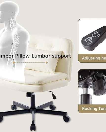 PU Criss Cross Armless Home Office Chair with Replaceable Wheels/Fixed Base and Lumbar Support for Living Room, Wide Seat Adjustable Legged Swivel Chair, Comfy Computer Chair for Vanity, White - LeafyLoom