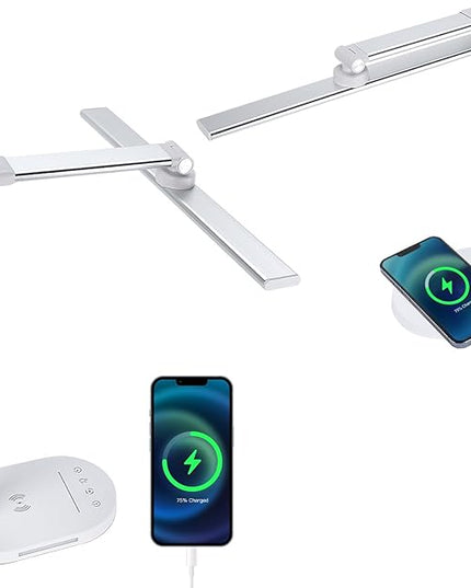 Lightess LED Desk Lamp with Wireless Charger, USB Charging Port, 5 Color Modes, 5 Brightness Level, Dimmable Desk Lamp, Office Table Lamp for Study Reading, Touch Control, Auto Timer - LeafyLoom