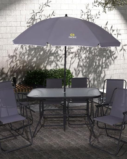 Nice C Outdoor Dining Sets, Patio Furniture Set, 8 Piece Set with Umbrella, Garden Outdoor Furniture Table Set with Tilted Removable Umbrella, Glass Table, and 6 Folding Chairs (Grey) - LeafyLoom