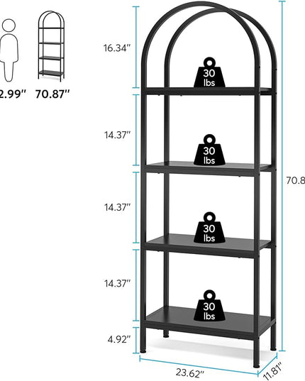 4-tier Arched Bookshelf, Tall Open Bookcase Storage Shelves, Wood Metal Freestanding Display Rack Tall Shelving Unit for Home Office, Bedroom, Living Room, Industrial Black - LeafyLoom