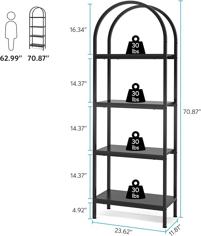 4-tier Arched Bookshelf, Tall Open Bookcase Storage Shelves, Wood Metal Freestanding Display Rack Tall Shelving Unit for Home Office, Bedroom, Living Room, Industrial Black - LeafyLoom