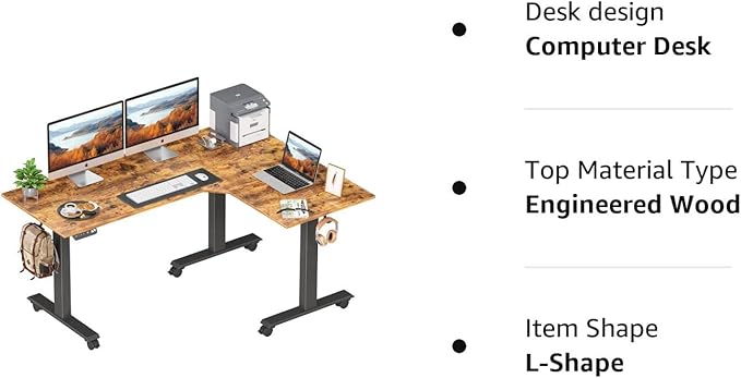 FEZIBO Triple Motor 63" L Shaped Standing Desk, Electric Standing Gaming Desk Adjustable Height, Corner Stand up Desk with Splice Board, Black Frame/Rustic Brown Top - LeafyLoom