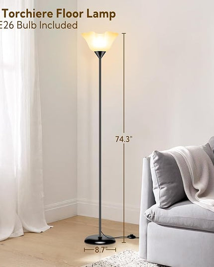 Floor Lamp Led Standing Lamps 74'' Tall Torchiere Floor Lamp with White Plastic Shade Black Modern Stand Lamps for Living Room Bedroom Classroom Dorm Office, E26 Bulb Included - LeafyLoom