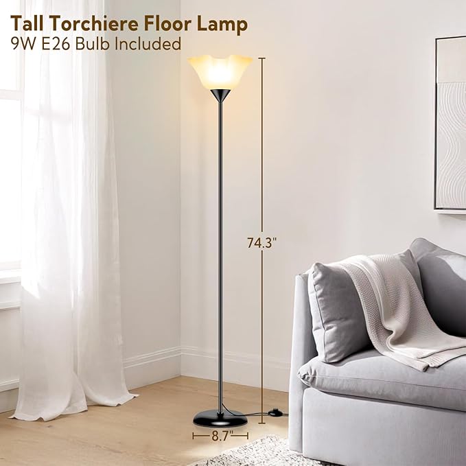 Floor Lamp Led Standing Lamps 74'' Tall Torchiere Floor Lamp with White Plastic Shade Black Modern Stand Lamps for Living Room Bedroom Classroom Dorm Office, E26 Bulb Included - LeafyLoom