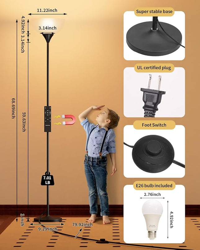 Torchiere Floor Lamp,1200LM Super Bright Dimmable Standing Lamp with Remote and Foot Switch,Custom Color Temperature Tall Lamp for Living Room Bedroom Office,Floor Light with 12W LED Bulb - LeafyLoom