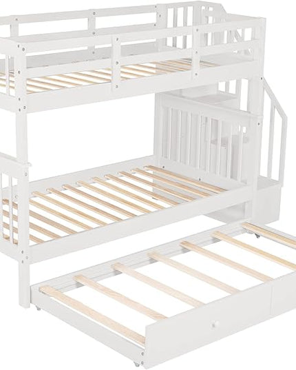 Twin Over Twin Bunk Bed with Stairs Storage and Trundle, Stairway Wooden 3 Bedframes in 1 with Safety Guardrails, for Kids Teens Adult Bedroom, White - LeafyLoom