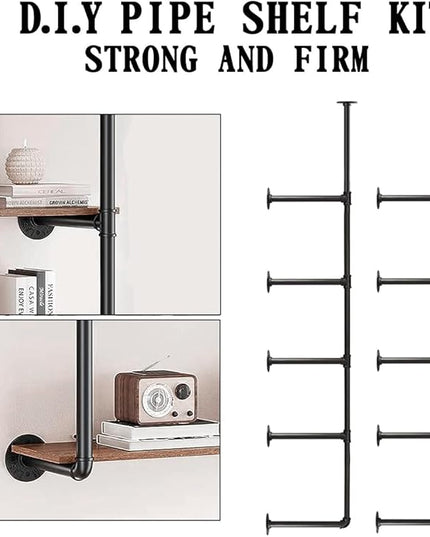 HITOMEN Industrial Iron Pipe Shelves, 2 Set 5-Tier, 70" Tall, 12" Depth, DIY Open Bookshelf Bookcase, Wall Mounted Vintage Retro Shelving, Rustic Farmhouse Pantry Kitchen Storage, Black Shelf Brackets - LeafyLoom