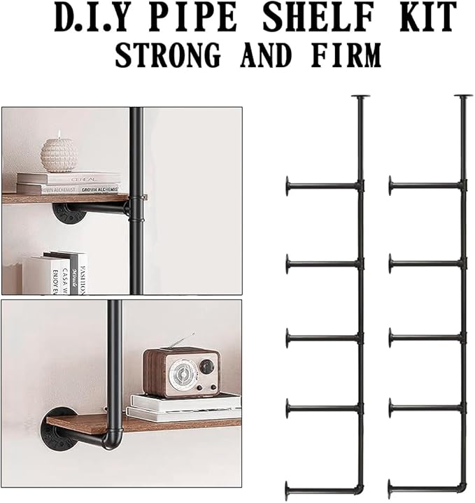 HITOMEN Industrial Iron Pipe Shelves, 2 Set 5-Tier, 70" Tall, 12" Depth, DIY Open Bookshelf Bookcase, Wall Mounted Vintage Retro Shelving, Rustic Farmhouse Pantry Kitchen Storage, Black Shelf Brackets - LeafyLoom