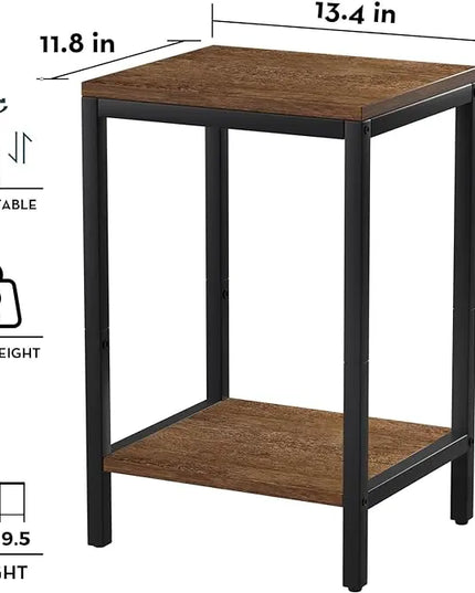 SAYGOER Wood End Tables Small Side Table with Storage Night Stand Metal Frames 2 Tier Bedside Table with Adjustable Feet, 1PCS, Walnut - LeafyLoom
