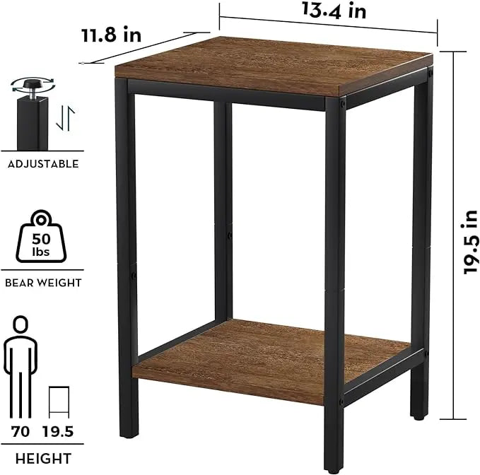 SAYGOER Wood End Tables Small Side Table with Storage Night Stand Metal Frames 2 Tier Bedside Table with Adjustable Feet, 1PCS, Walnut - LeafyLoom