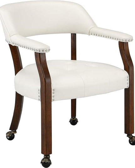 Large Dining Chairs with Casters and Arms, Rolling Dining Chairs with Wheels, Accent Game Poker Chairs, Wood Boss Caption's Chairs, 26“Dx25.2 Wx31.5“H, Cherry Legs & Ivory PU, SY-1533-WT - LeafyLoom