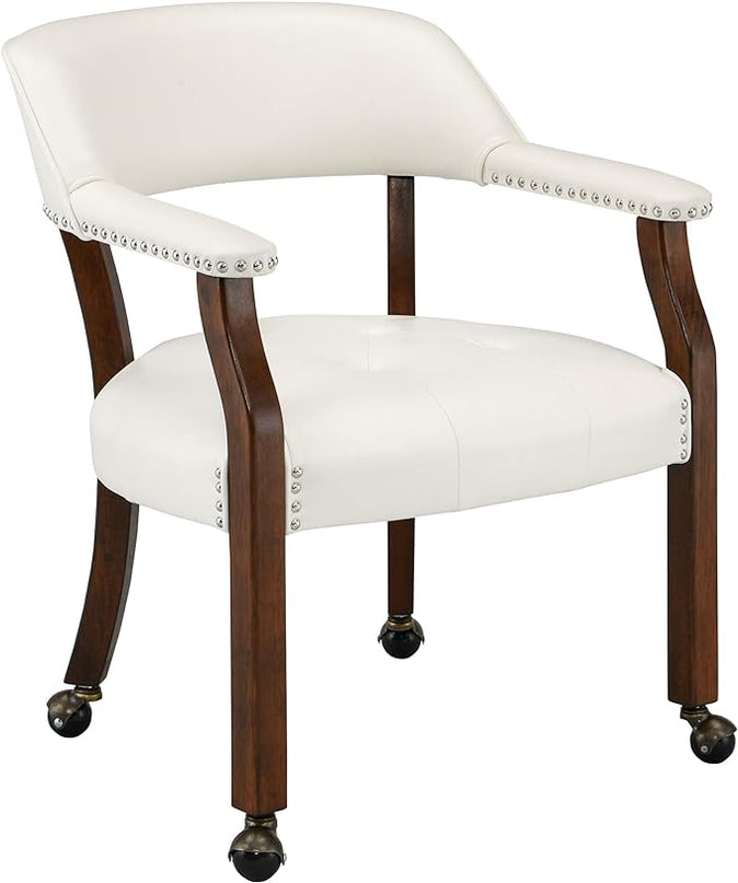 Large Dining Chairs with Casters and Arms, Rolling Dining Chairs with Wheels, Accent Game Poker Chairs, Wood Boss Caption's Chairs, 26“Dx25.2 Wx31.5“H, Cherry Legs & Ivory PU, SY-1533-WT - LeafyLoom