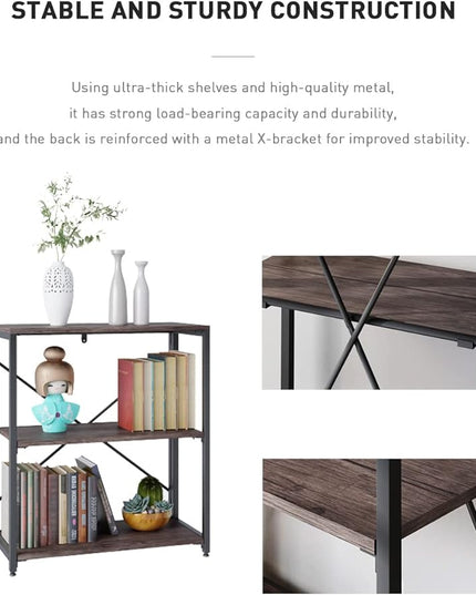 Bookshelf,3-Tier Folding Bookcase,Industrial Book Shelf,Rustic Wood Storage Shelves,Tall Bookshelf,Shelves For Bedroom,Office,Kitchen,Living Room,Study Room,No Assembly Folding Bookshelf,Black - LeafyLoom