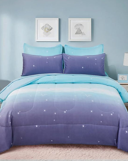 Girls Comforter Set Twin Size 6 Pieces Bed in A Bag Colorful Ombre Blue Purple Rainbow Bedding Set for Kids Teen (1 Comforter, 1 Flat Sheet, 1 Fitted Sheet, 1 Pillow sham, 2 Pillowcases) - LeafyLoom