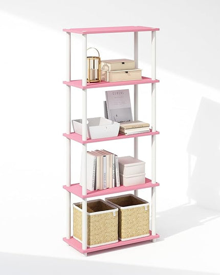 Furinno Turn-N-Tube 5-Tier Multipurpose Compact Display Rack, Shelving Unit, Bookcase, Pink/White - LeafyLoom