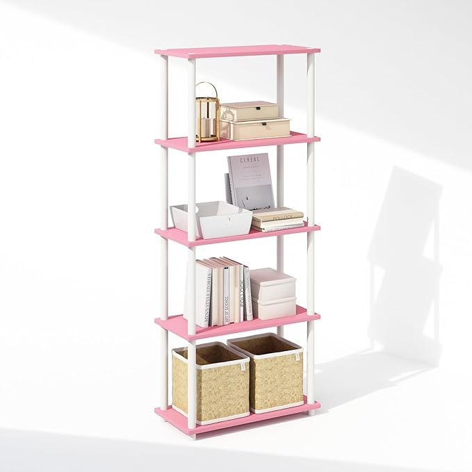 Furinno Turn-N-Tube 5-Tier Multipurpose Compact Display Rack, Shelving Unit, Bookcase, Pink/White - LeafyLoom