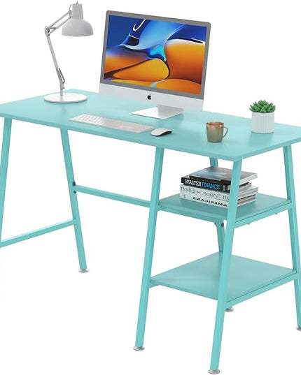 VECELO 43 Inch Computer Desk Writing Study Work Office Table Modern desk with shelves wooden desk for Home Bedroom,Blue Desk - LeafyLoom