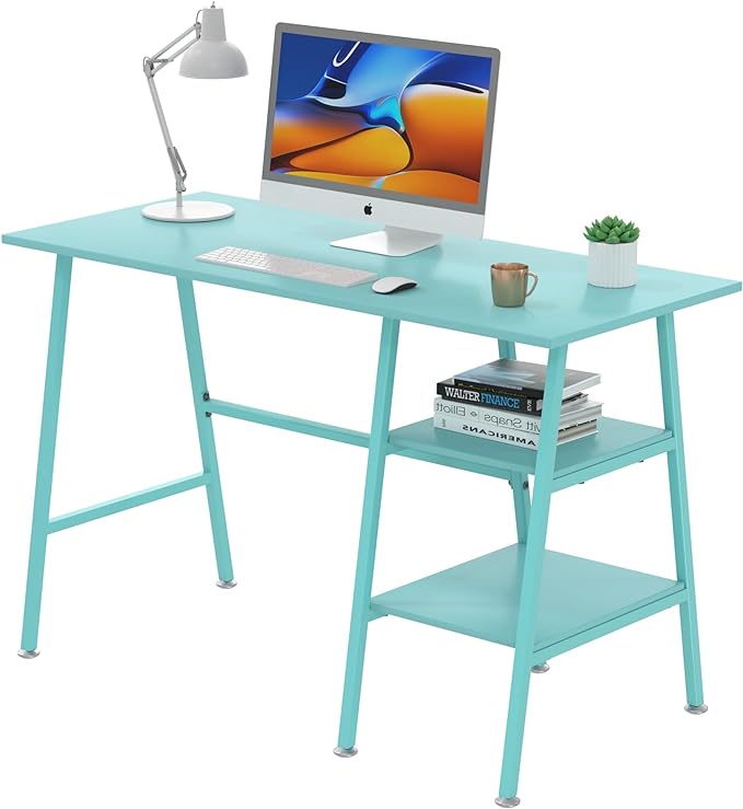 VECELO 43 Inch Computer Desk Writing Study Work Office Table Modern desk with shelves wooden desk for Home Bedroom,Blue Desk - LeafyLoom