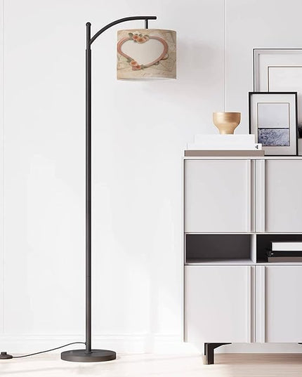 Modern Arc Floor Lamp with Dimmer Mid Century Vintage Old Postcards Heart Metal Standing Lamp with Linen Shade Footswitch for Living Room Bedroom Office - LeafyLoom
